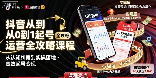 抖音从0到1起号运营全攻略课程，从认知纠偏到实操落地，高效起号变现-晓有财道